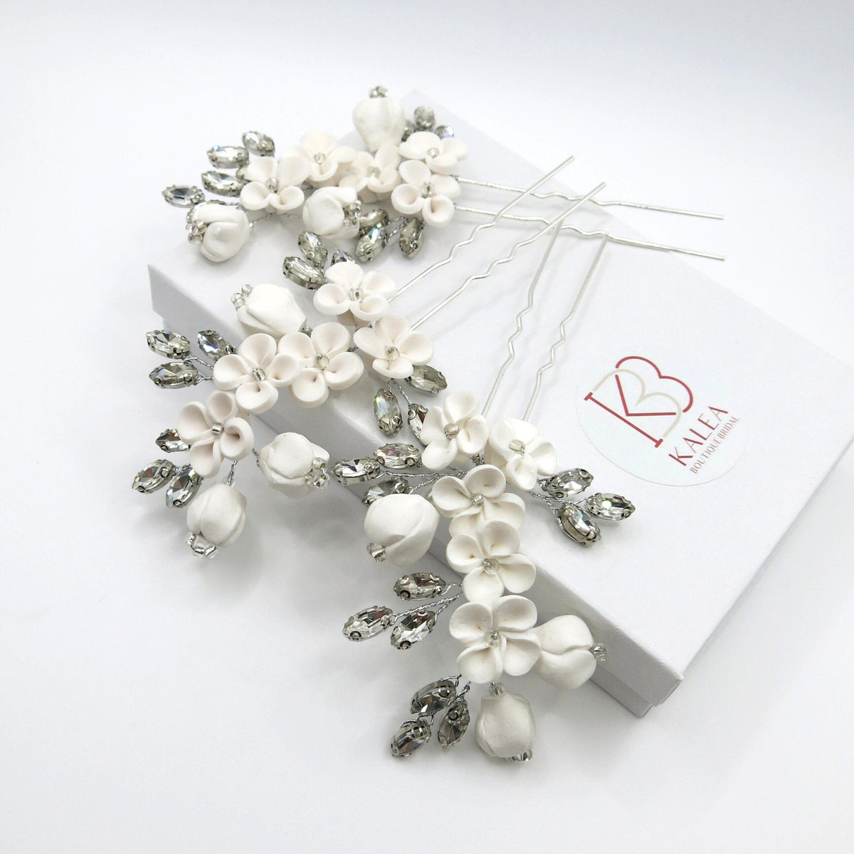 White Ceramic Flower Hairpin, Large Crystal Wedding Floral Hairpiece, Rhinestone Gem Clay Flower Hair Pins - KaleaBoutique.com