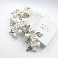 White Ceramic Flower Hairpin, Large Crystal Wedding Floral Hairpiece, Rhinestone Gem Clay Flower Hair Pins - KaleaBoutique.com