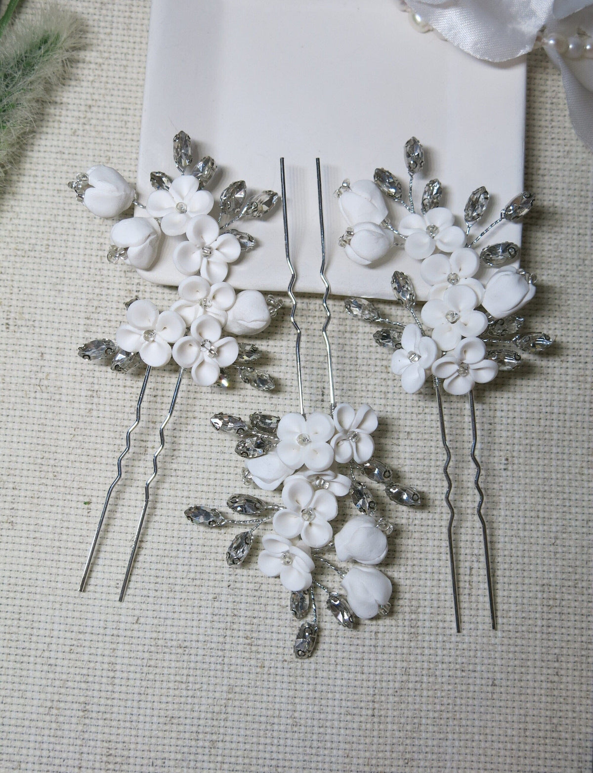 White Ceramic Flower Hairpin, Large Crystal Wedding Floral Hairpiece, Rhinestone Gem Clay Flower Hair Pins - KaleaBoutique.com