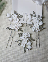 White Ceramic Flower Hairpin, Large Crystal Wedding Floral Hairpiece, Rhinestone Gem Clay Flower Hair Pins - KaleaBoutique.com
