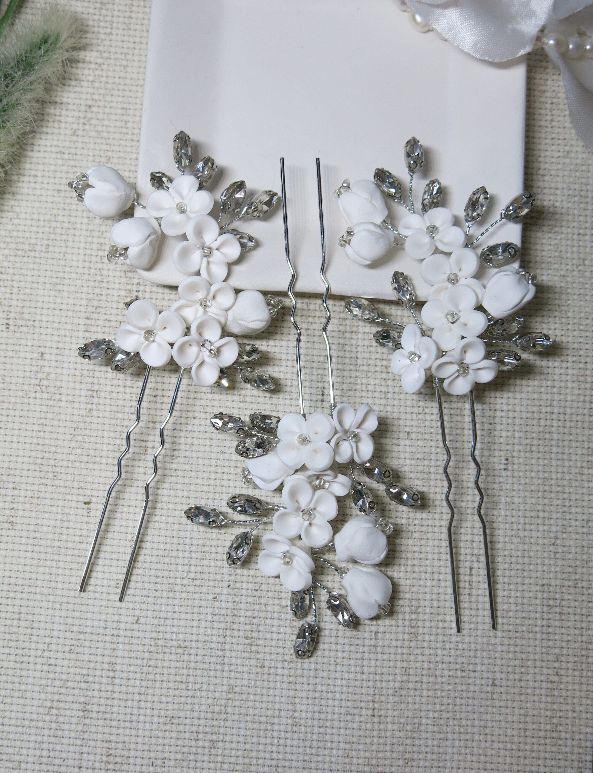 Handmade Wedding Hair Comb & Pins Set with Crystals & Ceramic Flowers Swarovski Crystals Pearl Light Blue flower Hair Comb main image 4