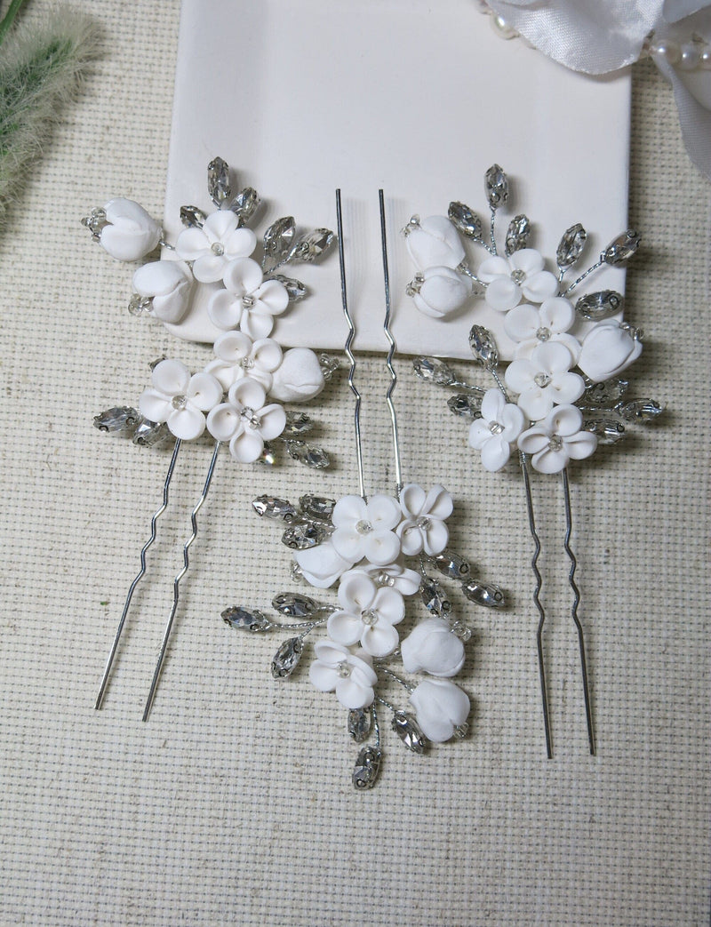 White Ceramic Flower Large Hairpin, Crystal Leaf Wedding Floral Hairpiece, Rhinestone Gem Leaf Clay Flower Hair Pins, Bridesmaid Headpiece - KaleaBoutique.com