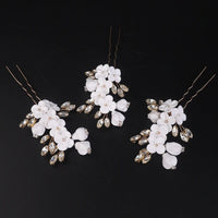White Ceramic Flower Hairpin, Large Crystal Wedding Floral Hairpiece, Rhinestone Gem Clay Flower Hair Pins - KaleaBoutique.com