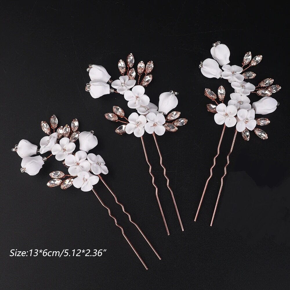 White Ceramic Flower Hairpin, Large Crystal Wedding Floral Hairpiece, Rhinestone Gem Clay Flower Hair Pins - KaleaBoutique.com