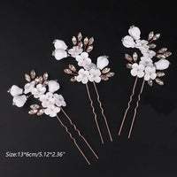 White Ceramic Flower Hairpin, Large Crystal Wedding Floral Hairpiece, Rhinestone Gem Clay Flower Hair Pins - KaleaBoutique.com
