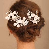 White Ceramic Flower Hairpin, Large Crystal Wedding Floral Hairpiece, Rhinestone Gem Clay Flower Hair Pins - KaleaBoutique.com