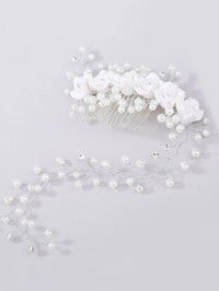 White Ceramic Rose Bridal Hair Vine, Crystal Pearl Wedding Hair Comb Head Wreath, Bride Silver Floral Hair Wire - KaleaBoutique.com