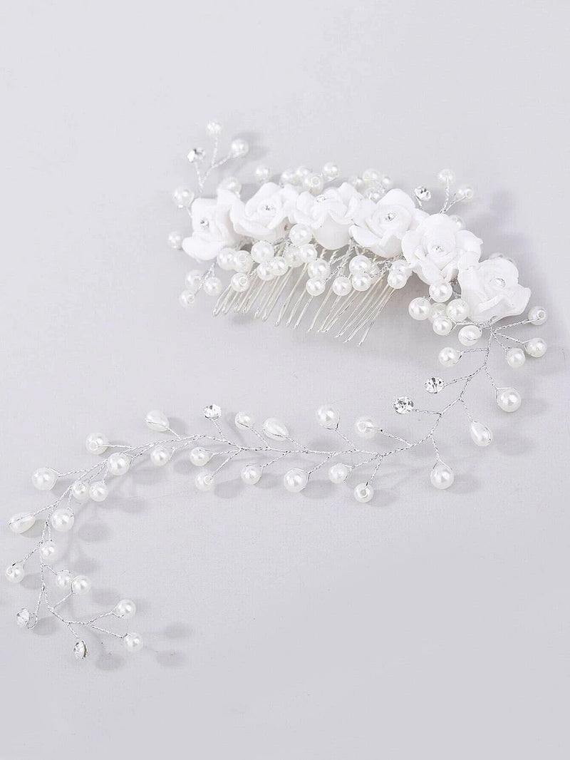 White Ceramic Rose Bridal Hair Vine, Crystal Pearl Wedding Hair Comb Head Wreath, Bride Silver Floral Hair Wire - KaleaBoutique.com