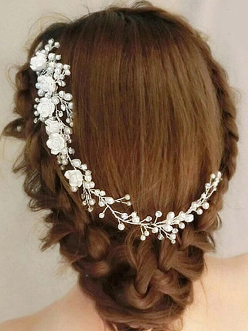 White Ceramic Rose Bridal Hair Vine, Crystal Pearl Wedding Hair Comb Head Wreath, Bride Silver Floral Hair Wire - KaleaBoutique.com