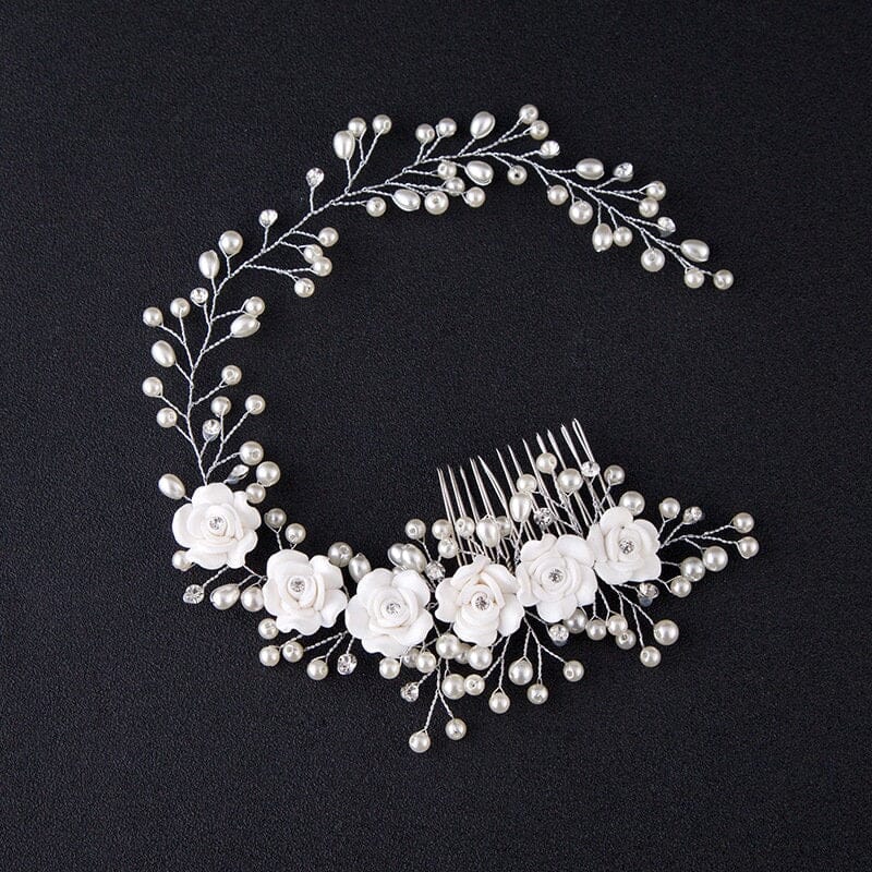 White Ceramic Rose Bridal Hair Vine, Crystal Pearl Wedding Hair Comb Head Wreath, Bride Silver Floral Hair Wire - KaleaBoutique.com