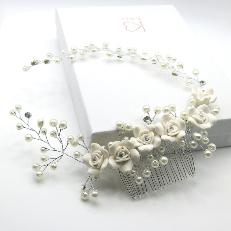 White Ceramic Rose Bridal Hair Vine, Crystal Pearl Wedding Hair Comb Head Wreath, Bride Silver Floral Hair Wire - KaleaBoutique.com