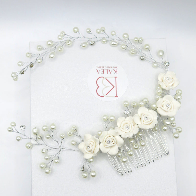 White Ceramic Rose Bridal Hair Vine, Crystal Pearl Wedding Hair Comb Head Wreath, Bride Silver Floral Hair Wire - KaleaBoutique.com