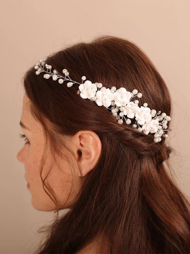 White Ceramic Rose Hair Vine, Crystal Pearl Wedding Hair Comb Wreath, Bridal Flower Hairpiece, Bride Silver Headpiece, Floral Hair Wire - KaleaBoutique.com