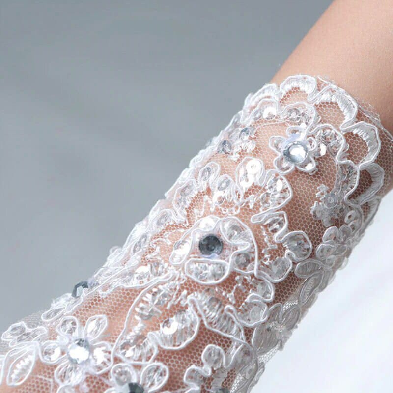 White Chiffon Bridal Gloves, Wedding Rhinestone Crystal Gloves, First Communion Lace Up Short Gloves (1 Pair) - KaleaBoutique.com