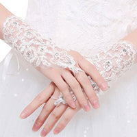 White Chiffon Bridal Gloves, Wedding Rhinestone Crystal Gloves, First Communion Lace Up Short Gloves (1 Pair) - KaleaBoutique.com