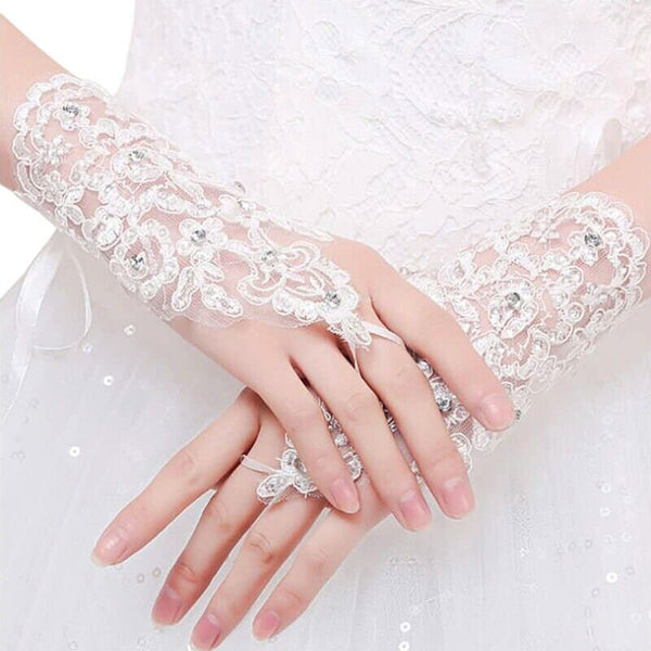 White Chiffon Bridal Gloves, Wedding Rhinestone Crystal Gloves, First Communion Lace Up Short Gloves (1 Pair) - KaleaBoutique.com