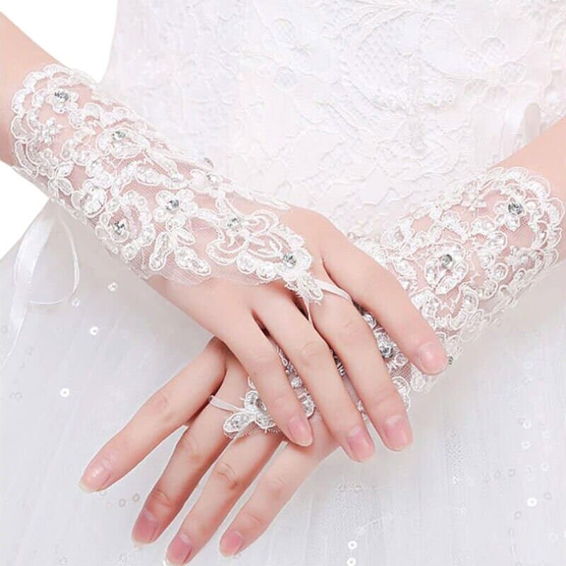 White Chiffon Bridal Gloves, Wedding Rhinestone Crystal Gloves, First Communion Lace Up Short Gloves (1 Pair) - KaleaBoutique.com