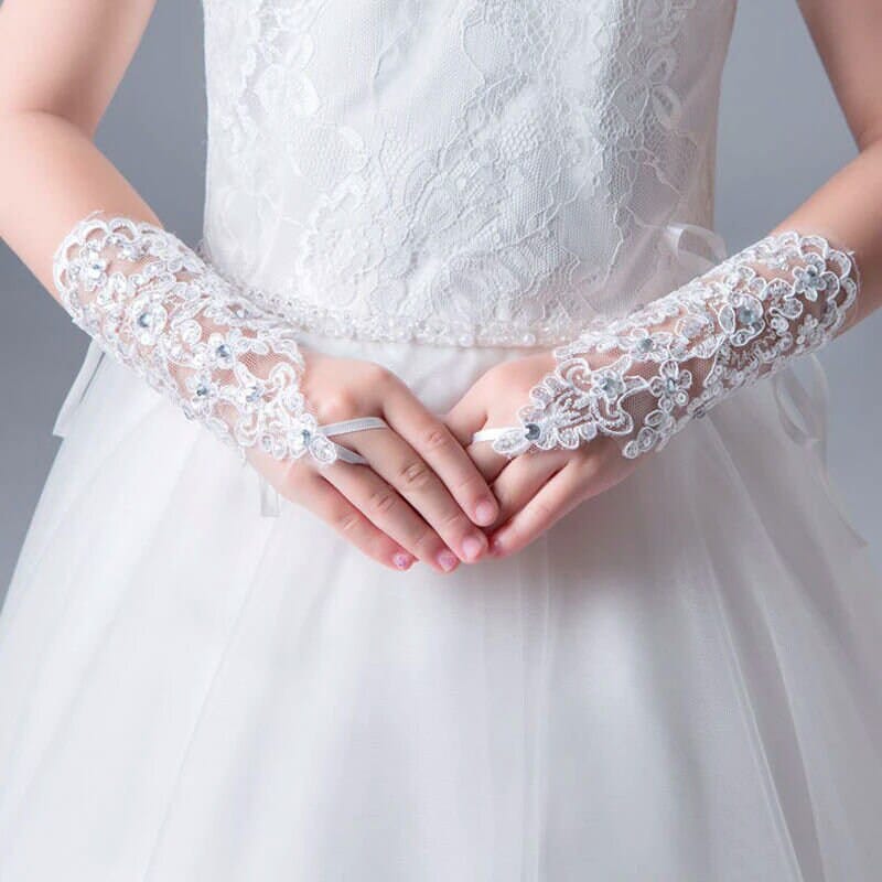 White Chiffon Bridal Gloves, Wedding Rhinestone Crystal Gloves, First Communion Lace Up Short Gloves (1 Pair) - KaleaBoutique.com