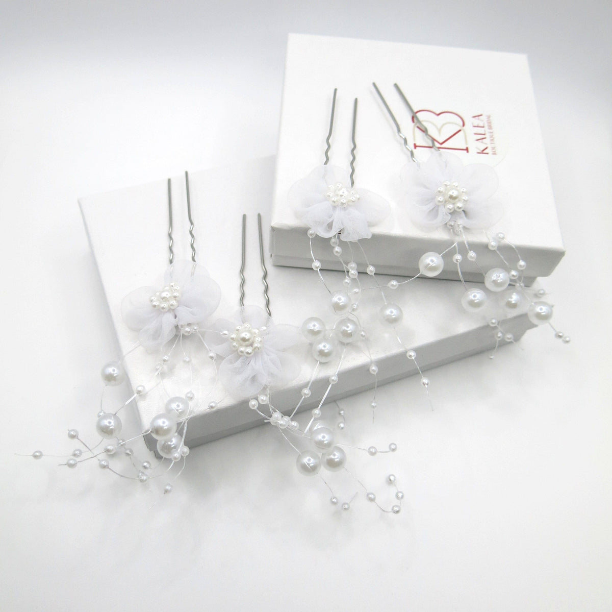 White Chiffon Flower Pearl 4 PC Hairpin Set, White Lace Bridal Floral Hair Pin, Wedding White Flower Pearl Hairpin Set - KaleaBoutique.com