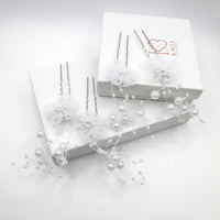 White Chiffon Flower Pearl 4 PC Hairpin Set, White Lace Bridal Floral Hair Pin, Wedding White Flower Pearl Hairpin Set - KaleaBoutique.com
