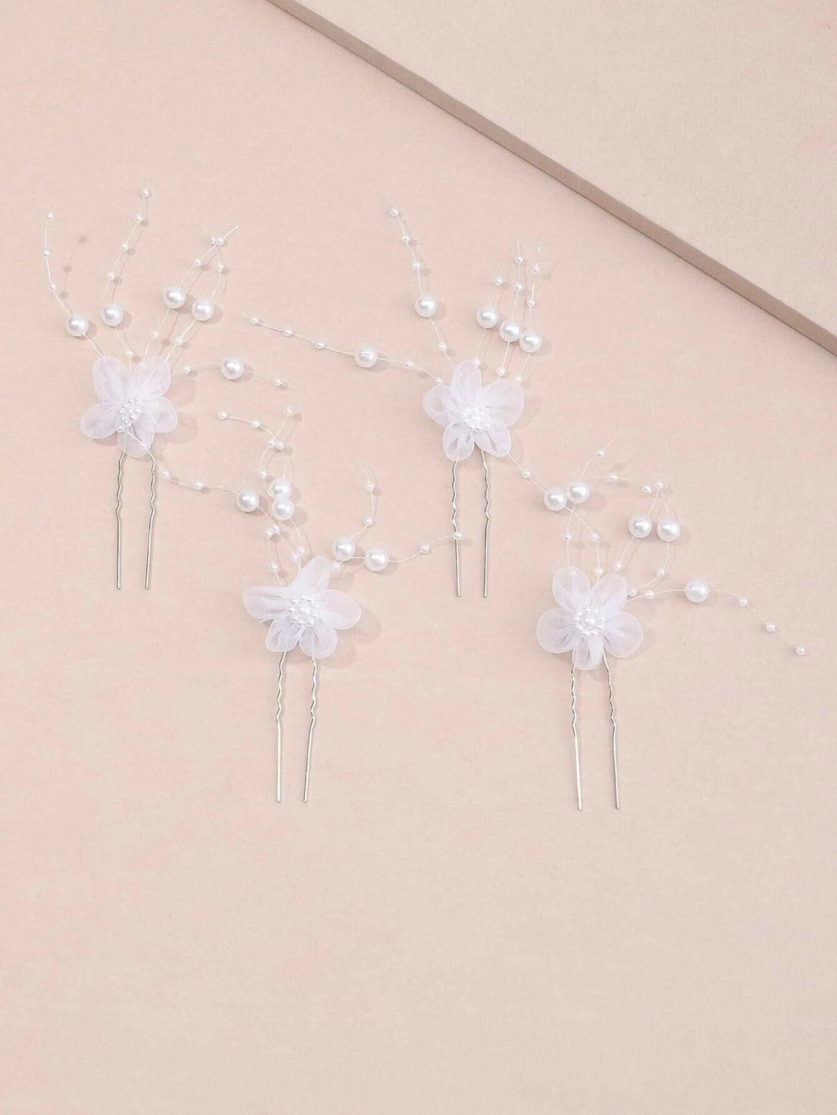 White Chiffon Flower Pearl 4 PC Hairpin Set, White Lace Bridal Floral Hair Pin, Wedding White Flower Pearl Hairpin Set - KaleaBoutique.com