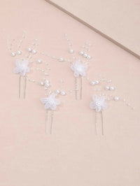 White Chiffon Flower Pearl 4 PC Hairpin Set, White Lace Bridal Floral Hair Pin, Wedding White Flower Pearl Hairpin Set - KaleaBoutique.com