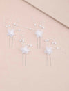 White Chiffon Flower Pearl 4 PC Hairpin Set, White Lace Bridal Floral Hair Pin, Wedding White Flower Pearl Hairpin Set - KaleaBoutique.com