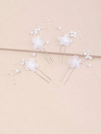 White Chiffon Flower Pearl 4 PC Hairpin Set, White Lace Bridal Floral Hair Pin, Wedding White Flower Pearl Hairpin Set - KaleaBoutique.com