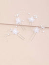 White Chiffon Flower Floating Pearl 4 PC Hairpin Set, White Lace Bridal Floral Hair Pin, Wedding White Flower Pearl Silver Hairpiece Set - KaleaBoutique.com