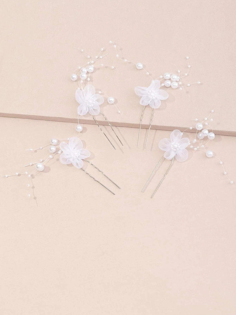 White Chiffon Flower Pearl 4 PC Hairpin Set, White Lace Bridal Floral Hair Pin, Wedding White Flower Pearl Hairpin Set - KaleaBoutique.com