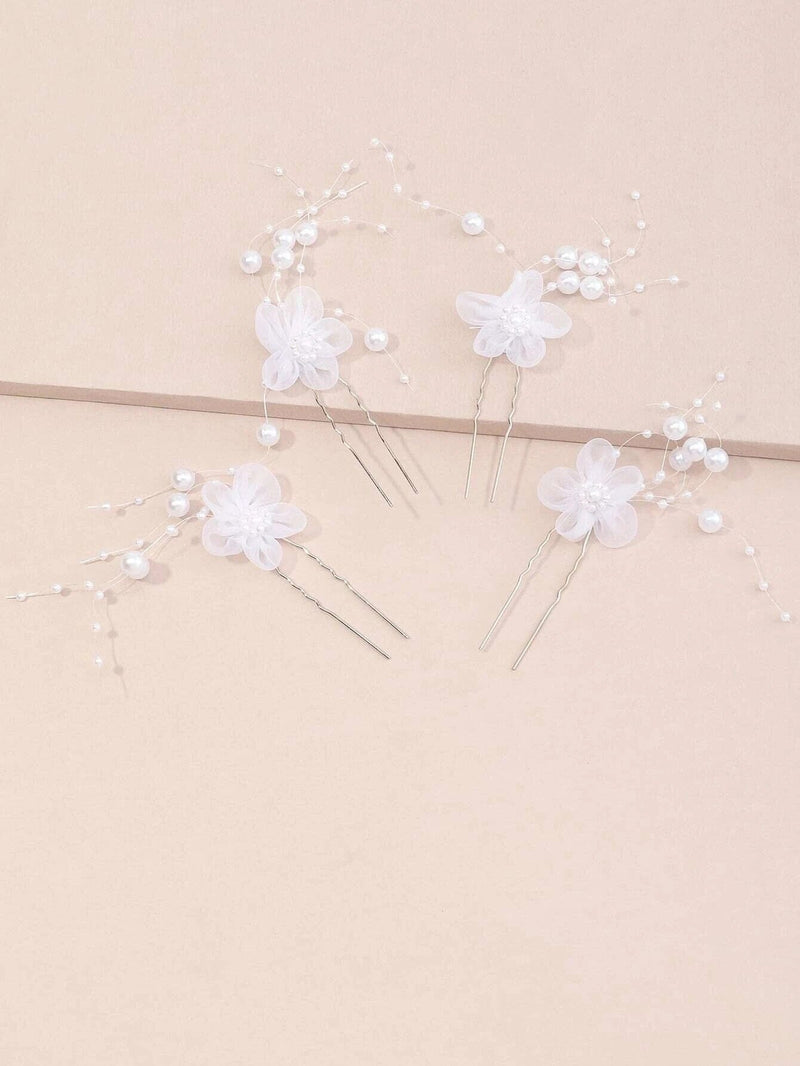 White Chiffon Flower Pearl 4 PC Hairpin Set, White Lace Bridal Floral Hair Pin, Wedding White Flower Pearl Hairpin Set - KaleaBoutique.com