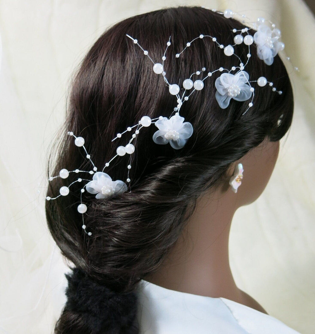 White Chiffon Flower Floating Pearl 4 PC Hairpin Set, White Lace Bridal Floral Hair Pin, Wedding White Flower Pearl Silver Hairpiece Set - KaleaBoutique.com