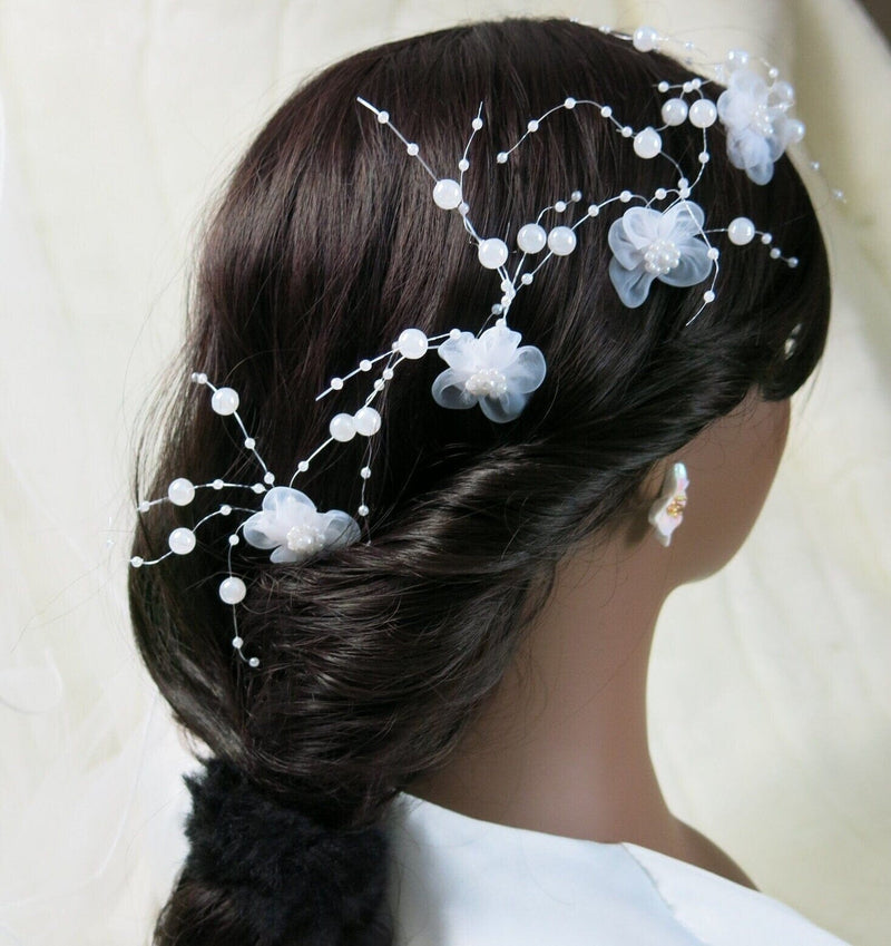 White Chiffon Flower Pearl 4 PC Hairpin Set, White Lace Bridal Floral Hair Pin, Wedding White Flower Pearl Hairpin Set - KaleaBoutique.com