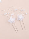 White Chiffon Flower Pearl 4 PC Hairpin Set, White Lace Bridal Floral Hair Pin, Wedding White Flower Pearl Hairpin Set - KaleaBoutique.com