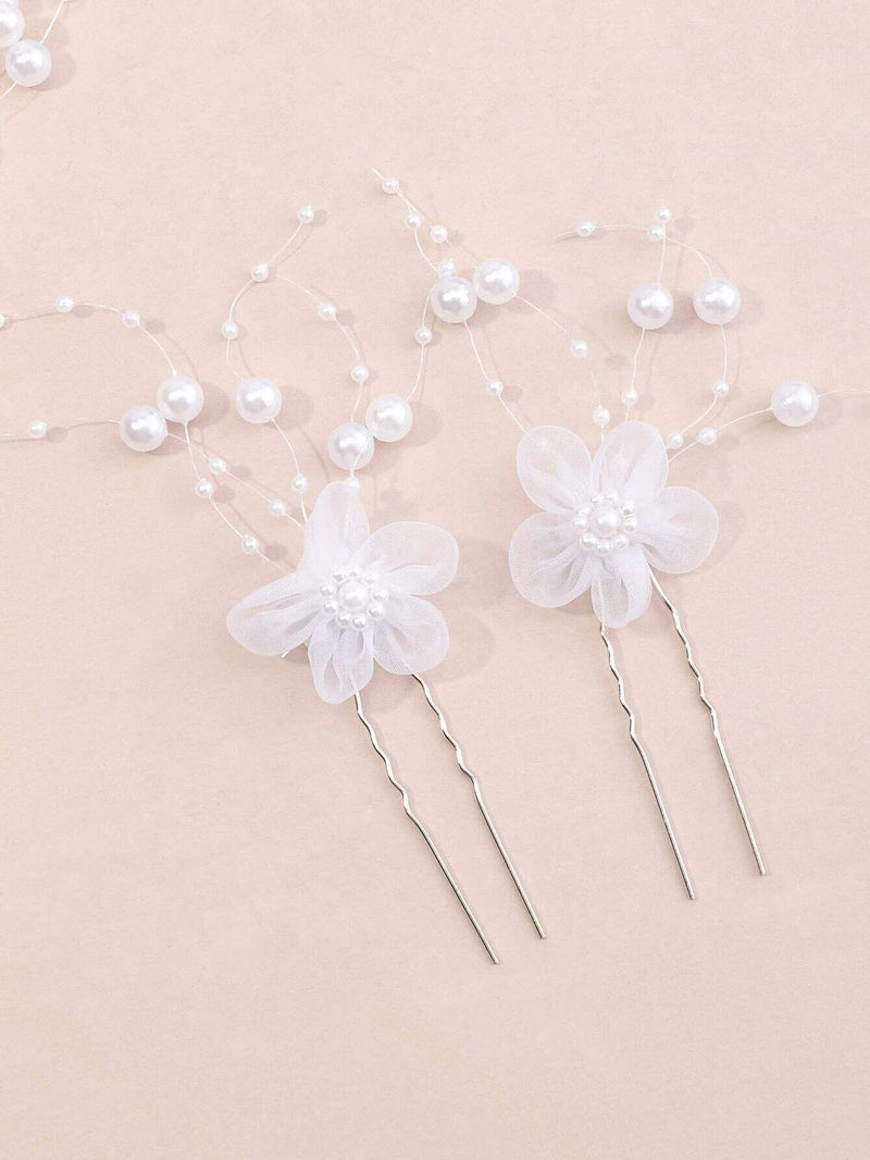 White Chiffon Flower Pearl 4 PC Hairpin Set, White Lace Bridal Floral Hair Pin, Wedding White Flower Pearl Hairpin Set - KaleaBoutique.com