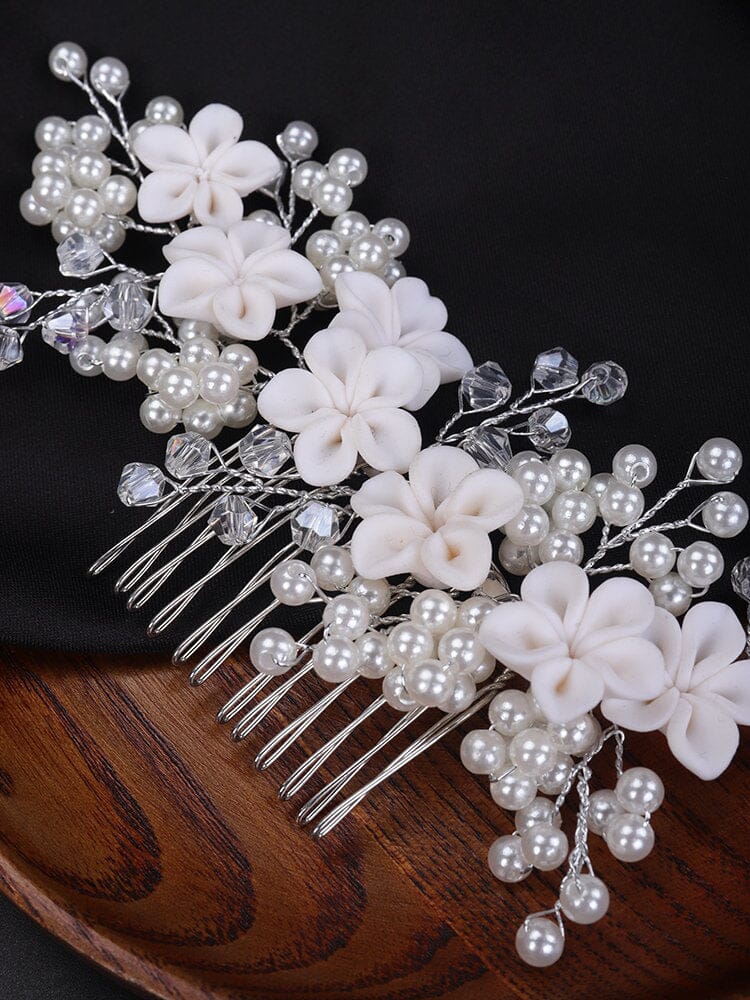 White Clay Flower Bridal Hairpiece, Wedding Ceramic Floral Hair Comb, Bridal Pearl Crystal Long Hairpin Headpiece, White Flower Hairpiece - KaleaBoutique.com