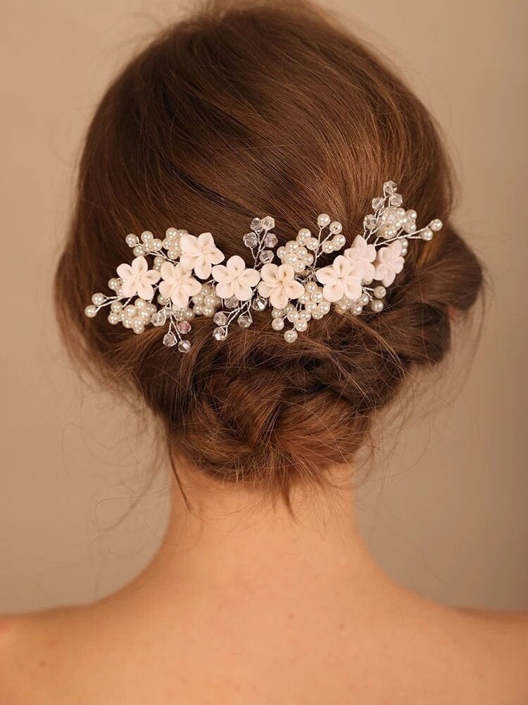 White Clay Flower Bridal Hair Comb, Wedding Ceramic Large Floral Hair Comb, Bridal Pearl Big Hairpin Headpiece - KaleaBoutique.com