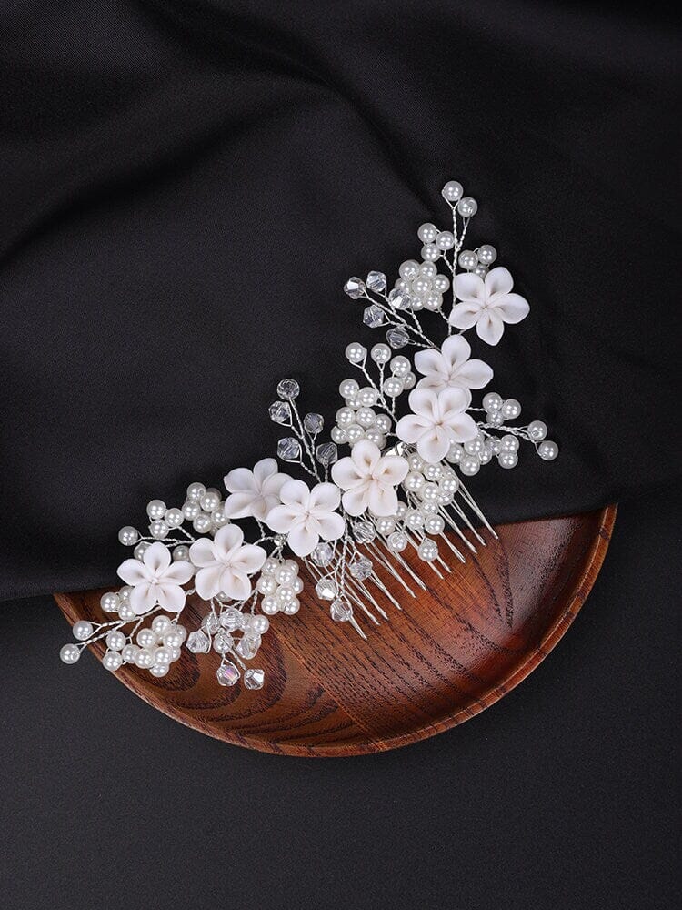 White Clay Flower Bridal Hair Comb, Wedding Ceramic Large Floral Hair Comb, Bridal Pearl Big Hairpin Headpiece - KaleaBoutique.com