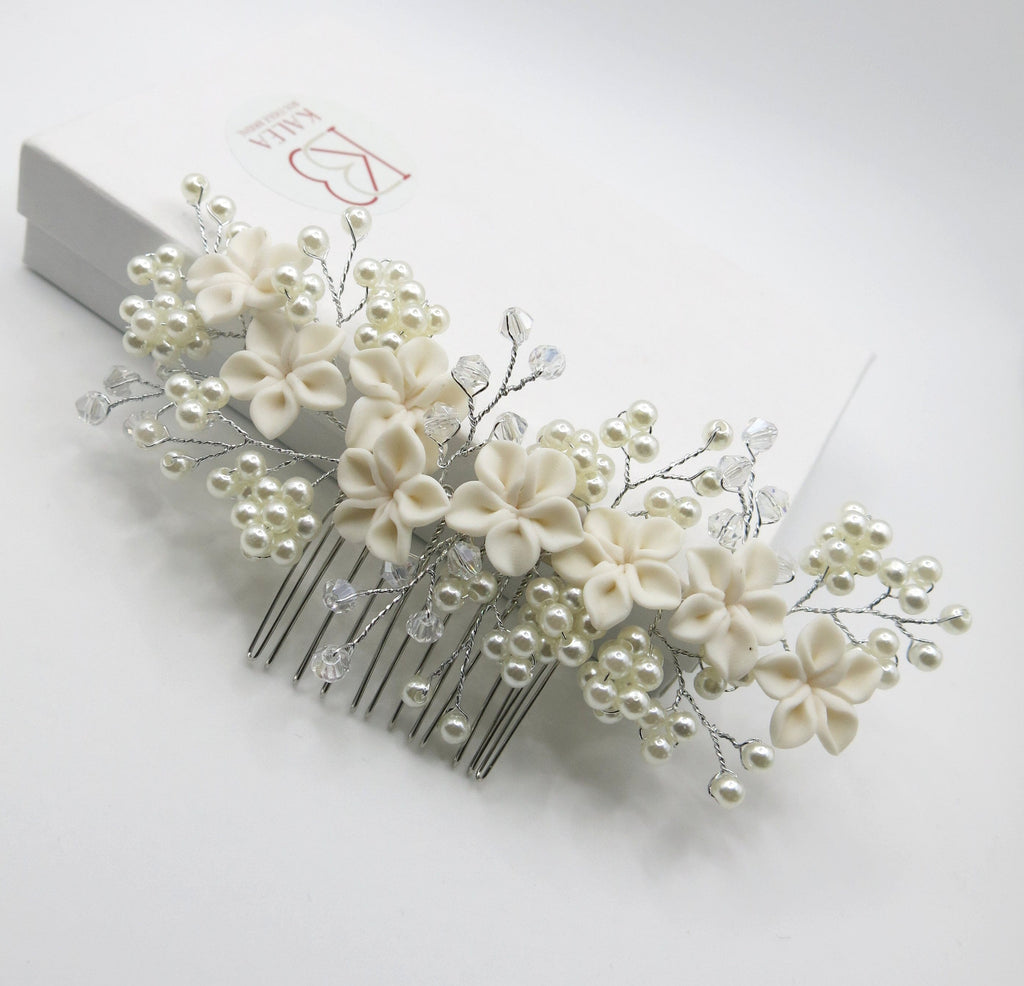 White Clay Flower Bridal Hairpiece, Wedding Ceramic Floral Hair Comb, Bridal Pearl Crystal Long Hairpin Headpiece, White Flower Hairpiece - KaleaBoutique.com