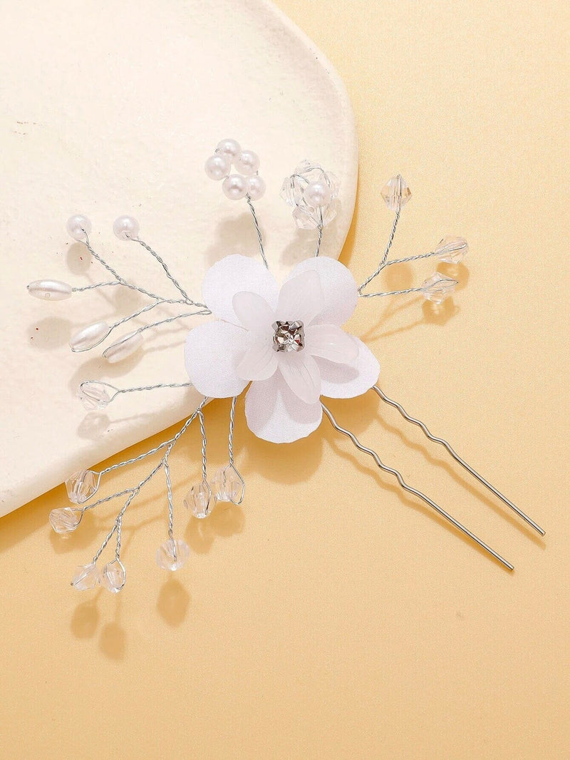 White Silk Flower 2 PC Bridal Hairpin Set, Silk Flower Crystal Hair Pin, Wedding Party Silver Wire Hairpiece Set - KaleaBoutique.com