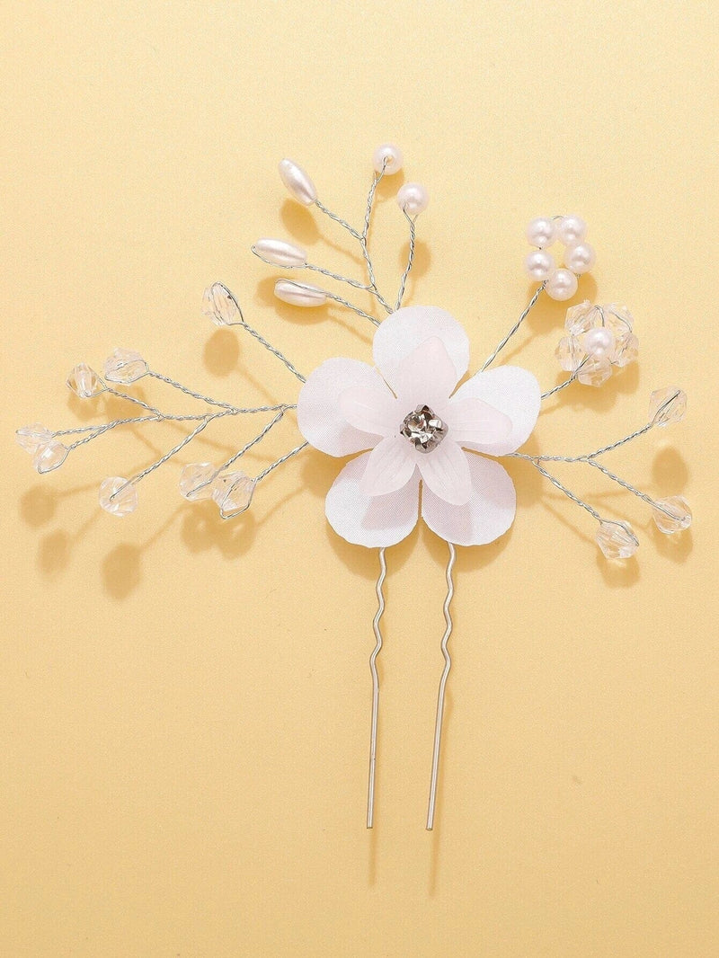 White Silk Flower 2 PC Bridal Hairpin Set, Silk Flower Crystal Hair Pin, Wedding Party Silver Wire Hairpiece Set - KaleaBoutique.com