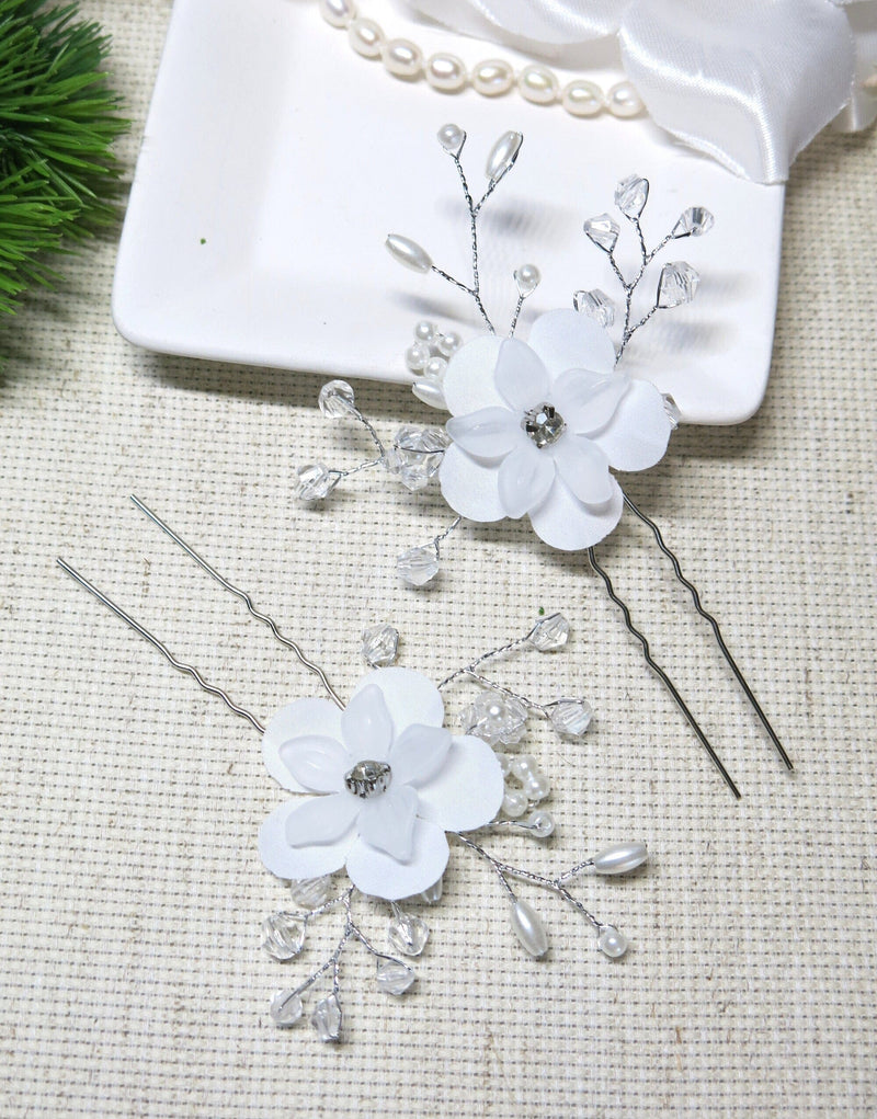 White Double Silk Flower Crystal 2 PC Bridal Hairpin Set, White Flower Crystal Leaf Silver Hair Pin, Wedding Party Silver Wire Hairpiece - KaleaBoutique.com