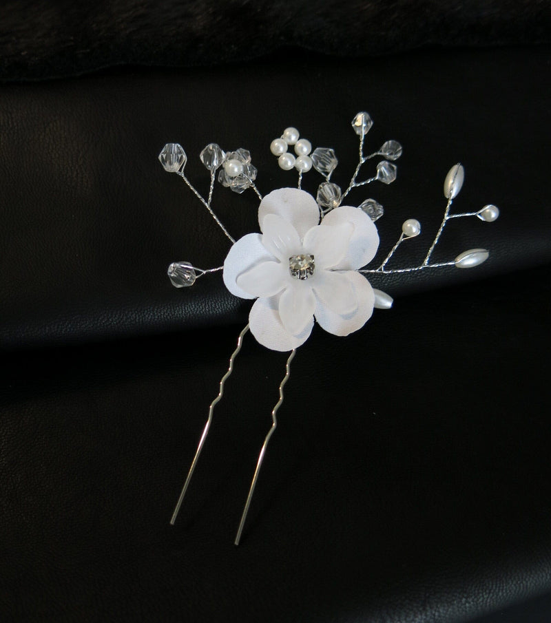 White Silk Flower 2 PC Bridal Hairpin Set, Silk Flower Crystal Hair Pin, Wedding Party Silver Wire Hairpiece Set - KaleaBoutique.com