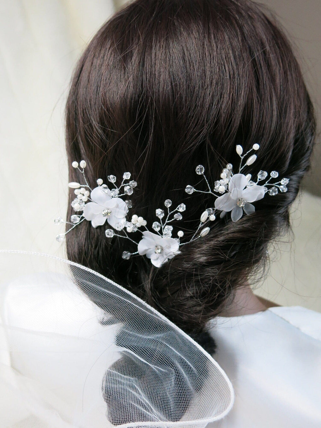 White Silk Flower 2 PC Bridal Hairpin Set, Silk Flower Crystal Hair Pin, Wedding Party Silver Wire Hairpiece Set - KaleaBoutique.com