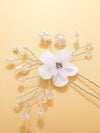 White Double Silk Flower Crystal 2 PC Bridal Hairpin Set, White Flower Crystal Leaf Silver Hair Pin, Wedding Party Silver Wire Hairpiece - KaleaBoutique.com