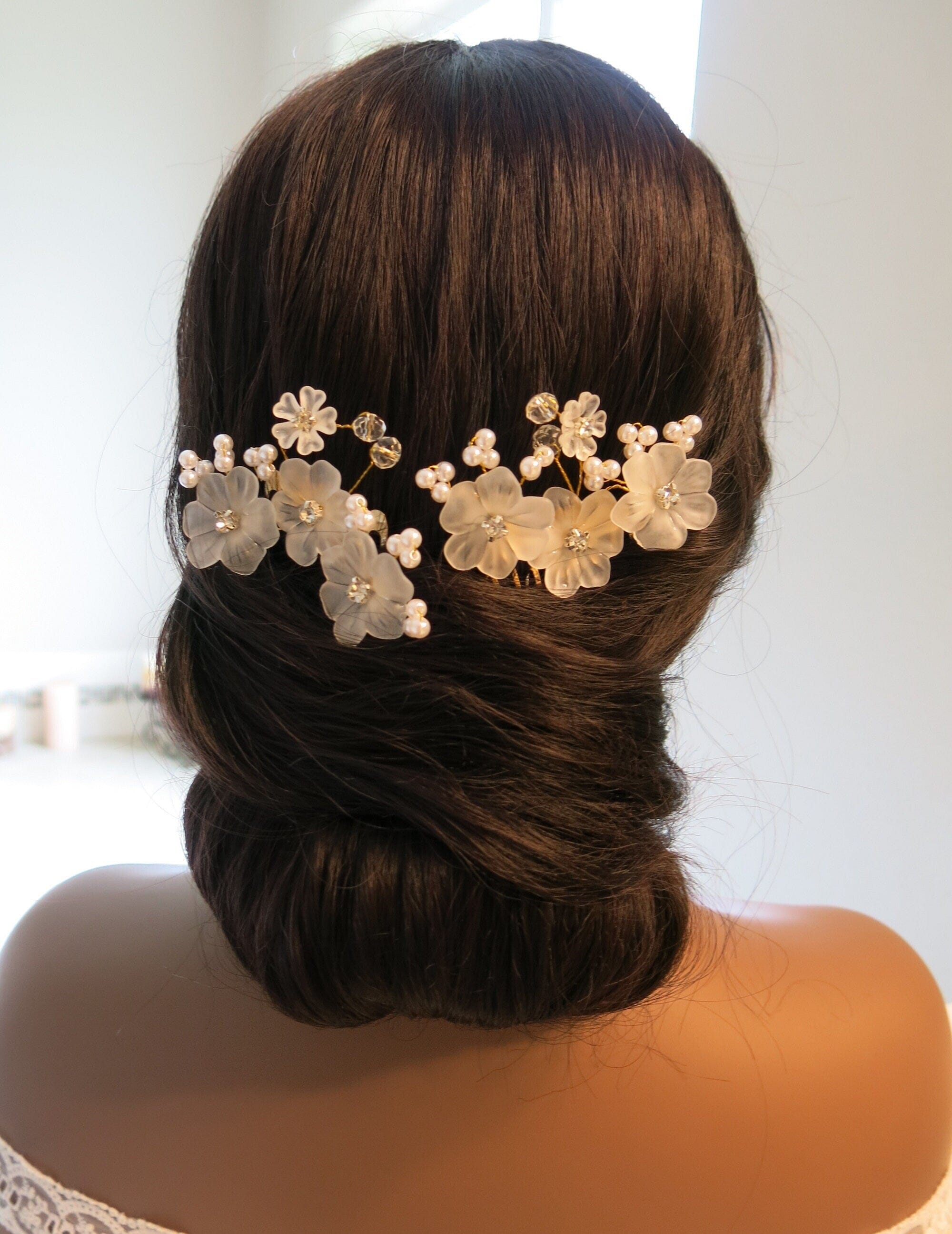Wedding hairpiece comb (2 pieces) Ceramic White flower Flowers Pearl Hair comb, Bridal Hair  main image 2