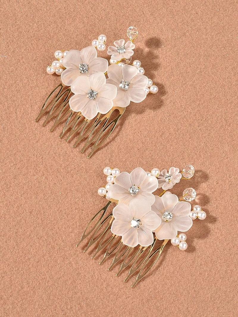 White Floating Flower Hair Comb Set, Wedding Floral Pearl Hairpiece 2 PC Set, Crystal Gem Pearl Leaf Headpiece Bridal 2 PC Hairpin Set - KaleaBoutique.com