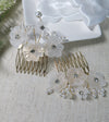 White Floating Flower Hair Comb Set, Wedding Floral Pearl Hairpiece 2 PC Set, Crystal Gem Pearl Leaf Headpiece Bridal 2 PC Hairpin Set - KaleaBoutique.com