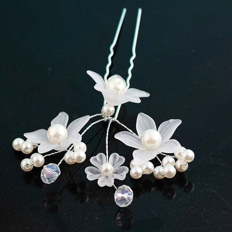 White Floral Bridal 2 PC Hair Pin Set, Wedding Party Pearl Flower Hairpin Hairpiece Set - KaleaBoutique.com