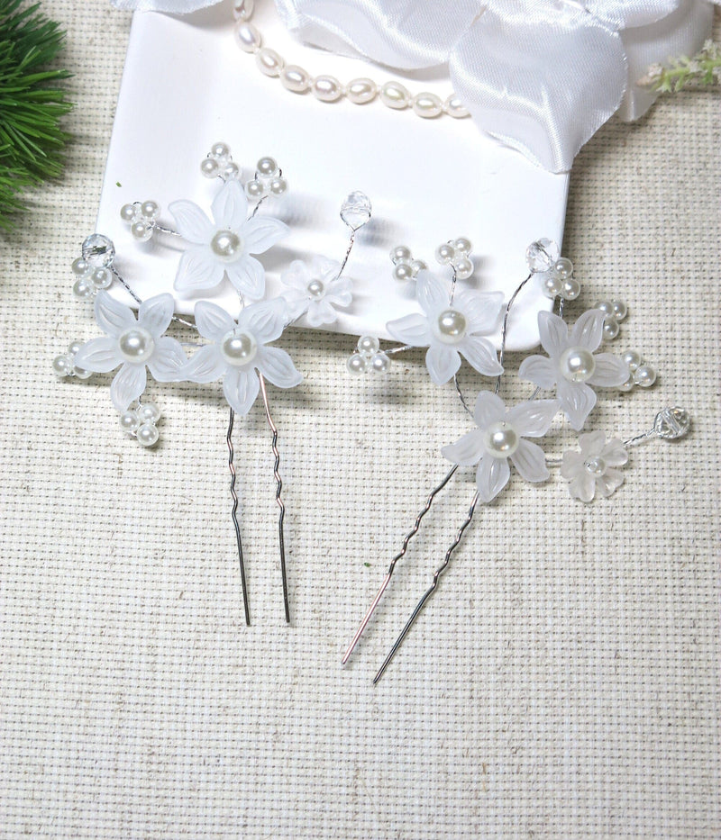 White Floral Bridal 2 PC Hair Pin Set, Wedding Party Pearl Flower Hairpin Hairpiece Set - KaleaBoutique.com